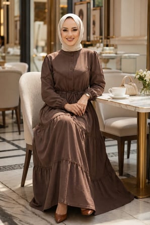 Kadın Düğmeli Dantel Detaylı Beli Bağcıklı Ayrobin Kahverengi  Elbise