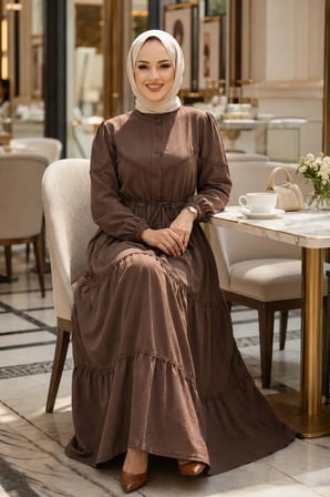 Kadın Düğmeli Dantel Detaylı Beli Bağcıklı Ayrobin Kahverengi  Elbise