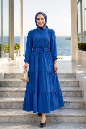 Kadın Düğmeli Dantel Detaylı Beli Bağcıklı Ayrobin Mavi Elbise