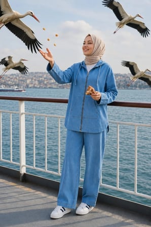 Kadın Kapüşonlu Fermuarlı İnce Kot Açık Mavi Tunik Pantolon Takım
