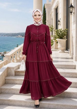 Kadın Düğmeli Dantel Detaylı Beli Bağcıklı Ayrobin Bordo Elbise