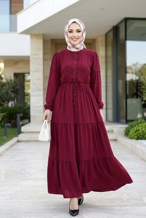 Kadın Düğmeli Dantel Detaylı Beli Bağcıklı Ayrobin Bordo Elbise