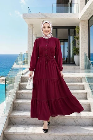 Kadın Düğmeli Dantel Detaylı Beli Bağcıklı Ayrobin Bordo Elbise
