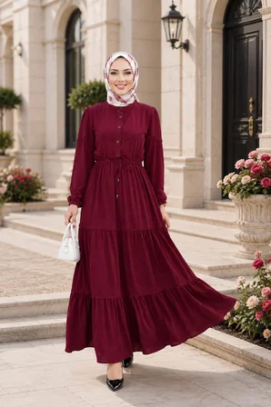 Kadın Düğmeli Dantel Detaylı Beli Bağcıklı Ayrobin Bordo Elbise