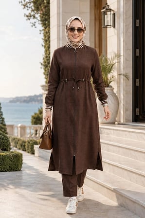 Kadın Ribanalı Fermuarlı Keten Tunik Pantolon Kahverengi İkili Takım