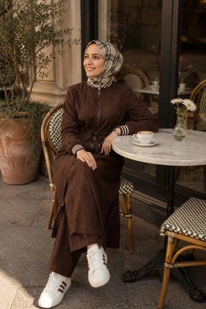 Kadın Ribanalı Fermuarlı Keten Tunik Pantolon Kahverengi İkili Takım