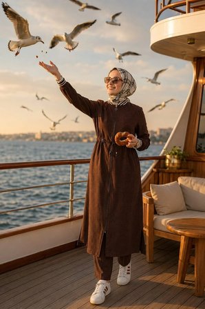 Kadın Ribanalı Fermuarlı Keten Tunik Pantolon Kahverengi İkili Takım