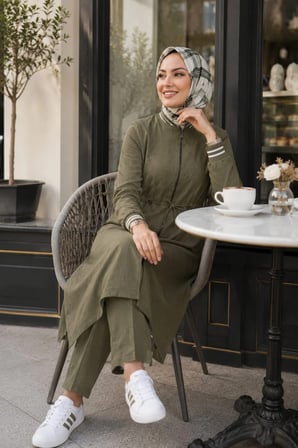 Kadın Ribanalı Fermuarlı Keten Tunik Pantolon Haki İkili Takım