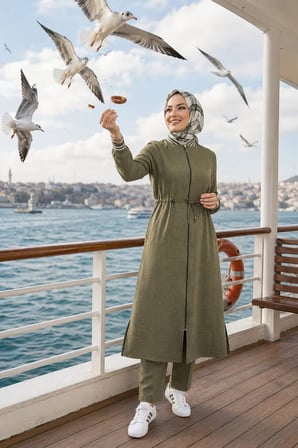 Kadın Ribanalı Fermuarlı Keten Tunik Pantolon Haki İkili Takım
