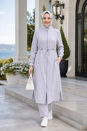 Kadın Ribanalı Fermuarlı Keten Tunik Pantolon Gri İkili Takım