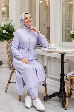 Kadın Ribanalı Fermuarlı Keten Tunik Pantolon Gri İkili Takım