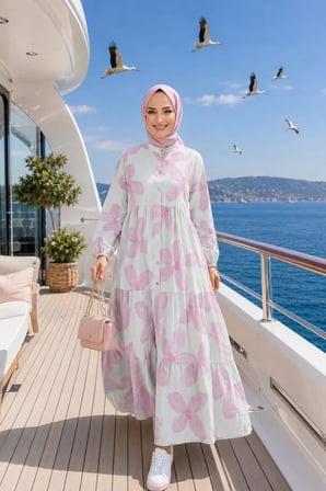 Kadın Düğmeli Modal Desenl Pembe Elbise