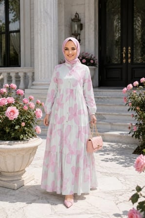 Kadın Düğmeli Modal Desenl Pembe Elbise