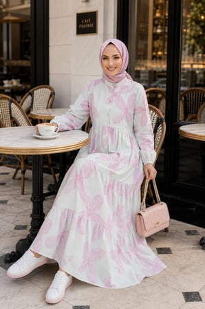 Kadın Düğmeli Modal Desenl Pembe Elbise