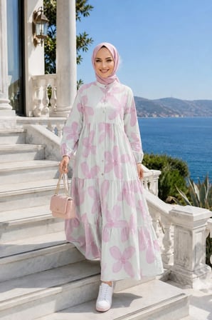 Kadın Düğmeli Modal Desenl Pembe Elbise