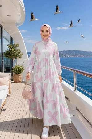 Kadın Düğmeli Modal Desenl Pembe Elbise