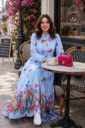 Kadın Düğmeli Çiçek Desenli Modal Mavi Elbise