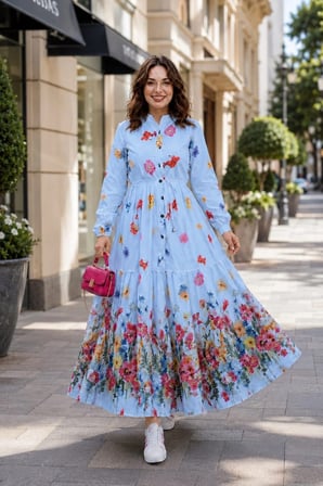 Kadın Düğmeli Çiçek Desenli Modal Mavi Elbise