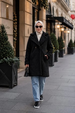 Kadın Kruvaze Astarlı Düğmeli Siyah Peluş Kaban