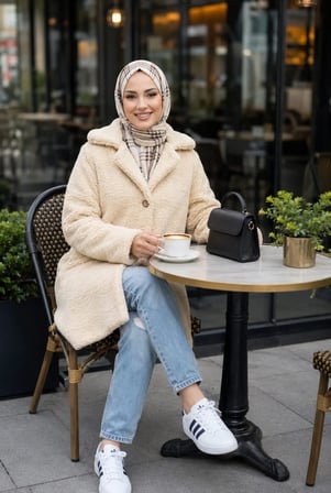 Kadın Astarlı Düğmeli Kruvaze  Bej Peluş Kaban