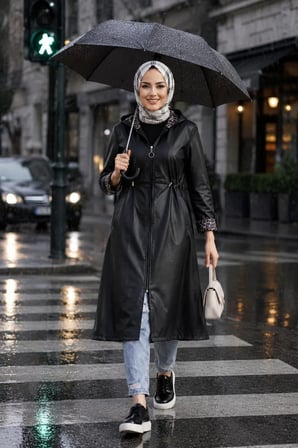Kadın Fermuarlı Kapüşonlu Şardonlu Deri Siyah Kap