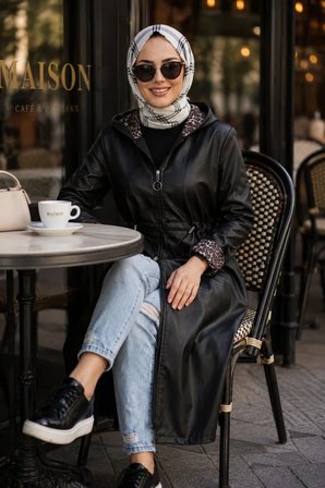 Kadın Fermuarlı Kapüşonlu Şardonlu Deri Siyah Kap