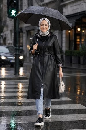 Kadın Fermuarlı Kapüşonlu Şardonlu Deri Siyah Kap