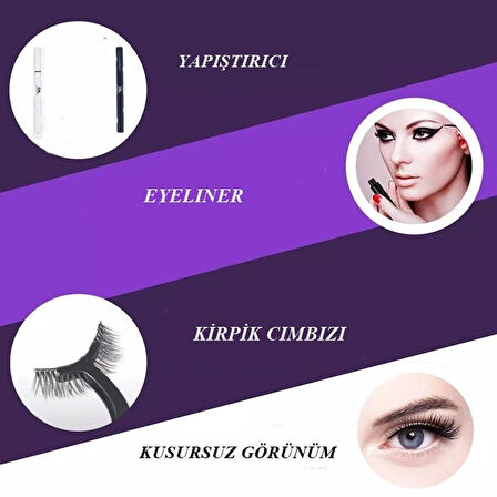 6 Çift (12 adet) Doğal Görünümlü,Yoğun Hacimli Takma Kirpik Seti+Yapıştırıcı ve Eyeliner İle Birlikte Set