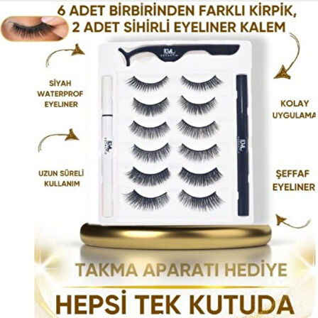 6 Çift (12 adet) Doğal Görünümlü,Yoğun Hacimli Takma Kirpik Seti+Yapıştırıcı ve Eyeliner İle Birlikte Set