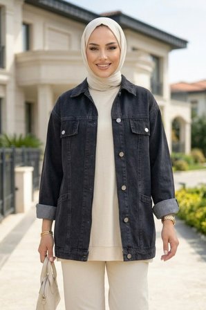 Kadın Cep Detaylı Denim Kot Siyah Ceket