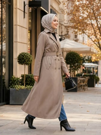 Kadın Düğmeli Astarlı Kemerli Bondit Bej Trenç
