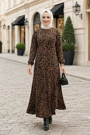 Kadın Fermuarlı Leopar Desenli Viskon Tesettür Elbise