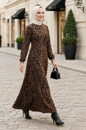 Kadın Fermuarlı Leopar Desenli Viskon Tesettür Elbise