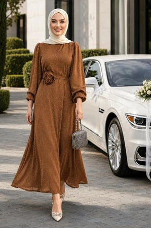 Kadın İnci Detaylı Kuşaklı Taba Saten Elbise