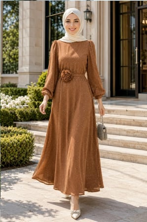 Kadın İnci Detaylı Kuşaklı Taba Saten Elbise