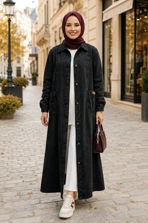 Kadın Düğmeli Cepli Denim Siyah Kot  Kap