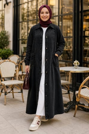Kadın Düğmeli Cepli Denim Siyah Kot  Kap
