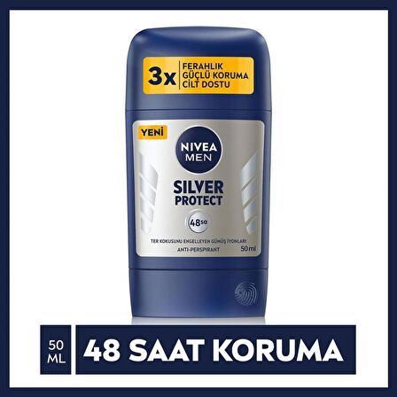 NIVEA Men Erkek Stick Deodorant Silver Protect 50 ml, Ter ve Ter Kokusna Karşı 48 Saat Anti-perspirant Koruma 