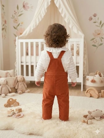 Çiçek Nakışlı Fitilli Kadife Bebek Salopet ve Fırfırlı Bluz Takımı