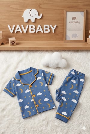 Pamuklu Kruvaze Yaka Önden Düğmeli Bulut-Ay Desenli Mevsimlik Alt Üst Pijama Takım-Mavi