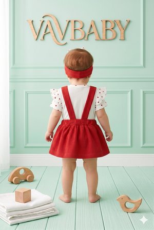  Kız Bebek Kalp Desenli Bandanalı Kısa Kollu Askılı Jile Elbise ve Çıt Çıt Body Takımı - Kırmızı-Beyaz