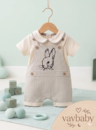 Erkek Çocuk Çizgili Tavşan Figürlü Bebe Yaka Erkek Bebek Salopet Tulum