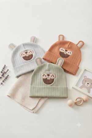 Organik Pamuklu, Yumuşak Dokulu, Ribanalı Köstebek Model 3’lü Set Unisex Bebek Şapkası (Kiremit-Yeşil-Gri)
