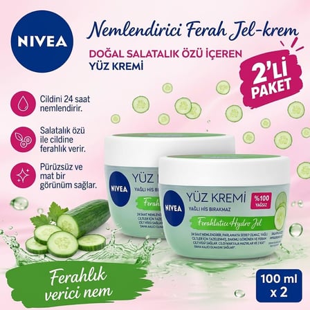 Nivea Kavanoz Ferahlatıcı Hydro Gel Yüz Kremi 100ml - 2 Adet 