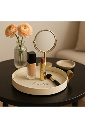 Krem Renk Metal Sunum Tepsisi,Makyaj Organizeri,Takı,Banyo Objeleri Toparlayıcı Tepsi,Deri Tabanlı