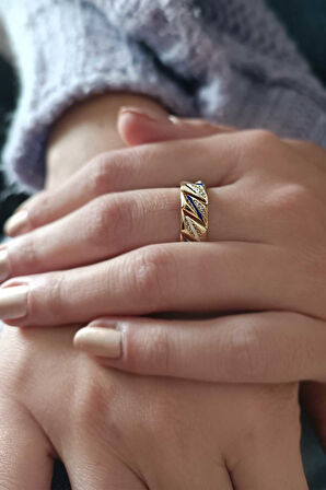 Sarı Altın Mavi Beyaz Şerit Mineli Altın Gurmet Yüzük