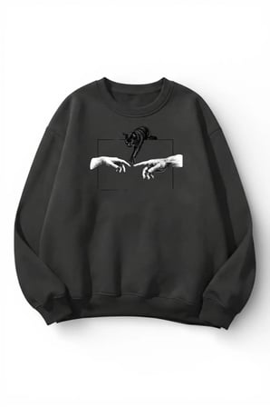 Unisex Yumuşak Dokulu Kedi Temas Baskılı Tasarım Oversize 3 İplik Bisiklet Yaka Sweatshirt
