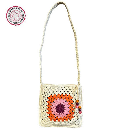 Uretti - Emine 9106 El Örgüsü Ahşap Boncuk Detaylı Mandala Model Omuz Çantası