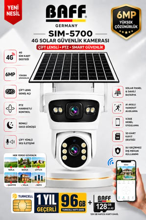 Baff SIM-5700 6MP 4G SIM Kartlı Solar Güvenlik Kamerası Çift Lens PTZ Renkli Gece Görüşlü + 96GB SIM Kart ve 128GB Hafıza Kartı Dahil