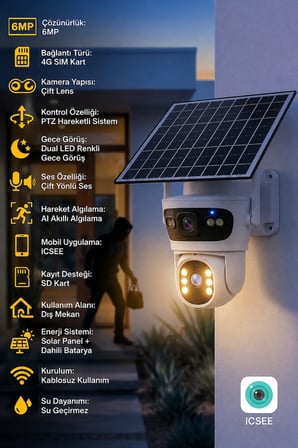 Baff SIM-5700 6MP 4G SIM Kartlı Solar Güvenlik Kamerası Çift Lens PTZ Renkli Gece Görüşlü + 96GB SIM Kart ve 128GB Hafıza Kartı Dahil